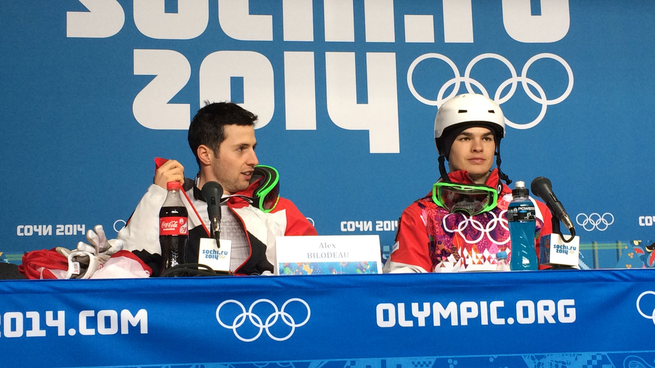 Alex Bilodeau (left) and Mikaël Kingsbury after finishing 1-2 in Sochi. 