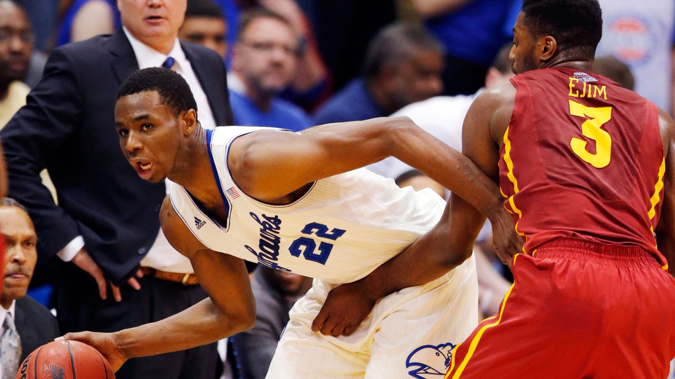 Andrew Wiggins guarded by another Toronto-born player, Iowa State's Melvin Ejim. 