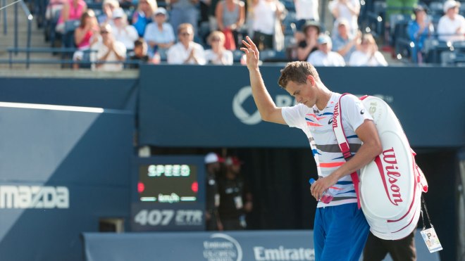 Vasek Pospisil bows out of the singles losing to Gasquet and withdraws from doubles due to injury. 