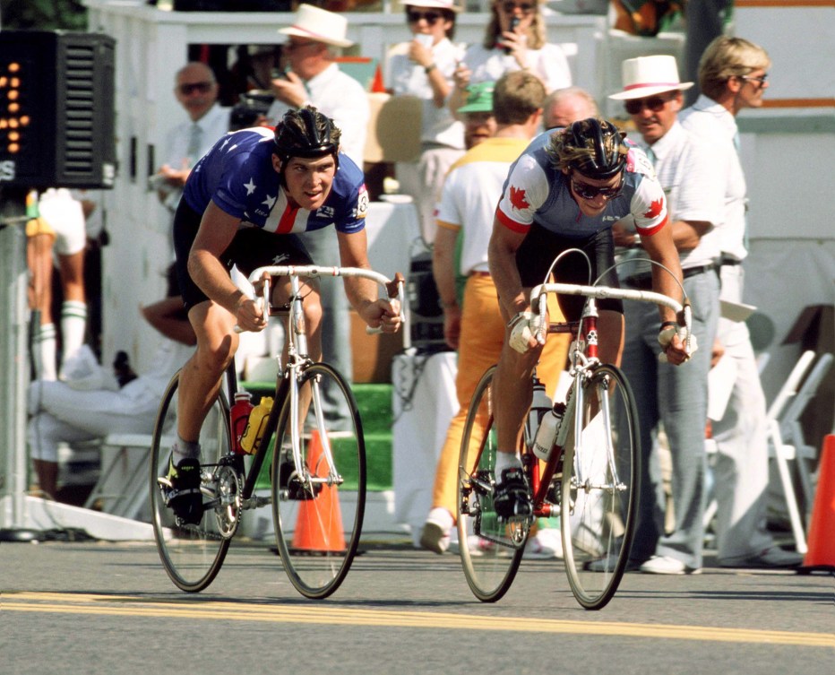 Steve Bauer races another rider in a cycling road race