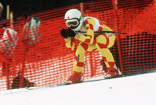 Karen Percy competes in alpine skiing at Calgary 1988.