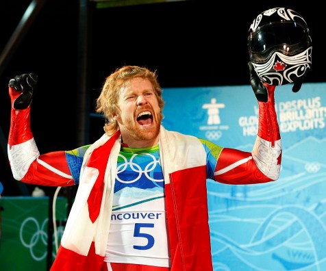 Canada's Jon Montgomery celebrates winning a gold medal in the men's skeleton competition at the Whistler Sliding Centre at the 2010 Vancouver Olympic Winter Games in Whistler, B.C., Friday, Feb. 19, 2010. THE CANADIAN PRESS/Jeff McIntosh