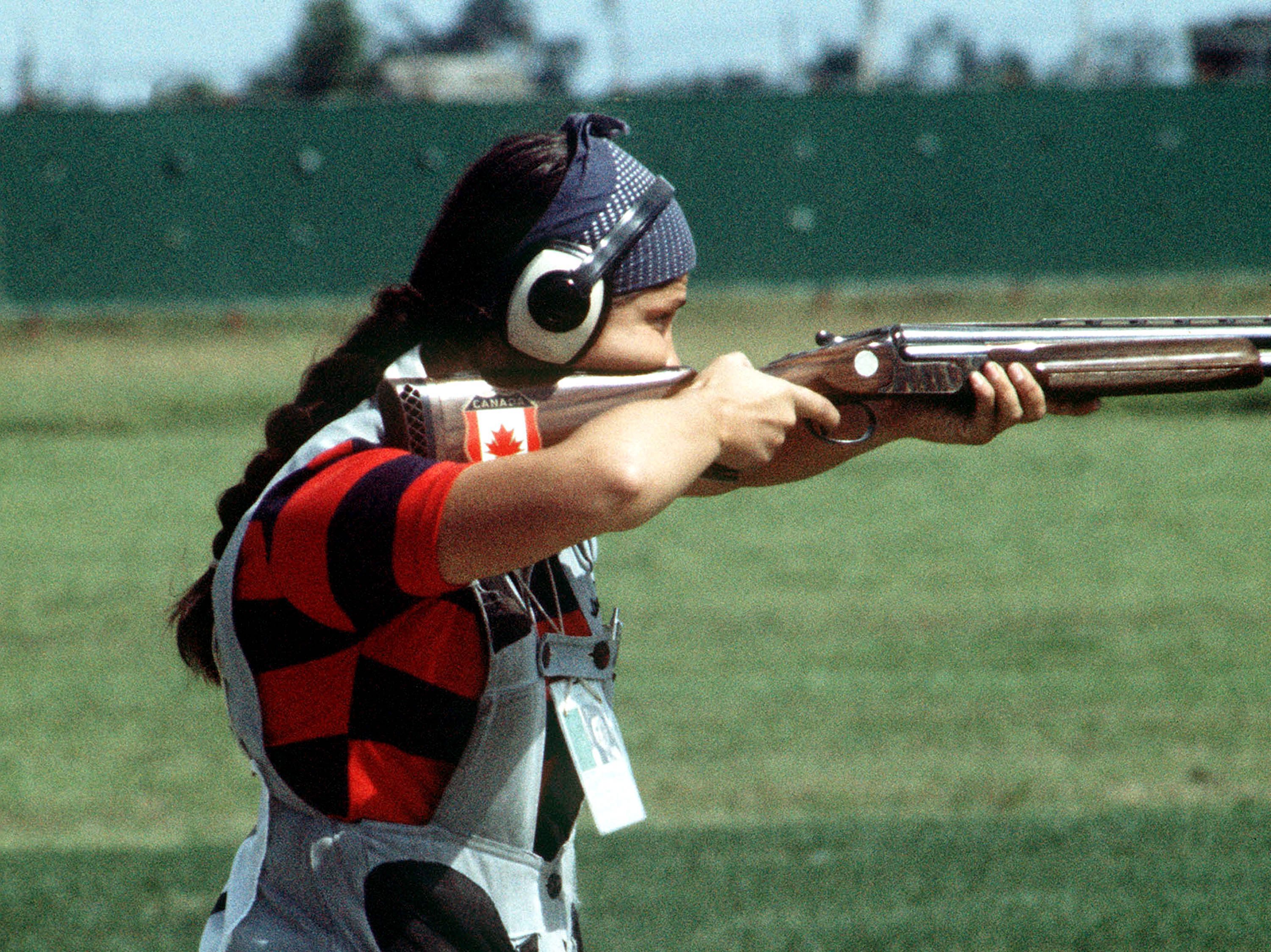 Susan Nattrass competes in the trap shooting event at the Montreal 1976 Olympic Games.