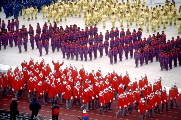 Canadian athletes make their entrance during the opening ceremony at the 1984 Olympic Winter Games in Sarajevo. (CP PHOTO/COC/J. Merrithew )