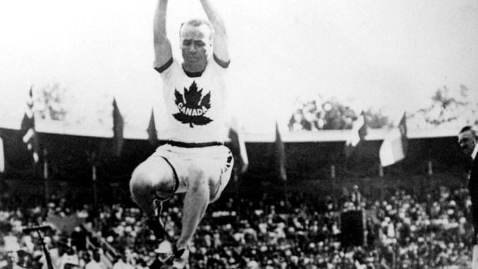 Canada's Calvin Bricker leaps towards a silver medal performance in the long jump event at the Stockholm 1912 Stockholm Olympic Games. (CP Photo/COC)