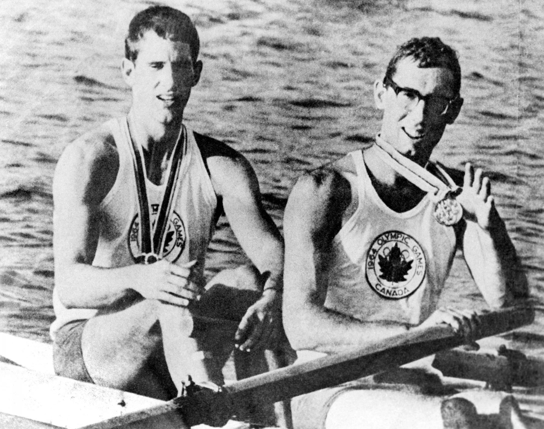 Canada's Roger Jackson and George Hungerford celebrate their gold medal win in the pairs rowing event at the Tokyo 1964 Olympic Games.