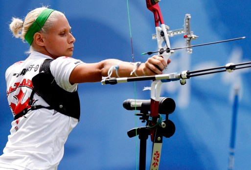 Canadian Marie-Pier Beaudet lets loose an arrow during Women's Individual Archery at the Olympic Green Archery Field during the 2008 Beijing Olympic Games in Beijing Aug 12, 2008. THE CANADIAN PRESS / COC ANDRE FORGET