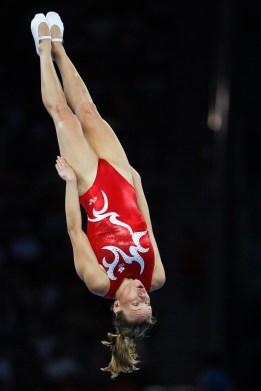 Canada's Karen Cockburn from Toronto performs in the qualifying round of the women's trampoline at the Beijing 2008 Summer Olympics in Beijing, Saturday, August 16, 2008. Cockburn placed fourth. THE CANADIAN PRESS/Paul Chiasson
