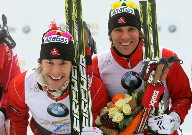 Alex Harvey and Devon Kershaw celebrate winning the gold medal in the team sprint at the FIS Nordic World Ski Championships at Holmenkollen on March 2, 2011 in Oslo, Norway. (Photo by Christof Koepsel/Bongarts/Getty Images)