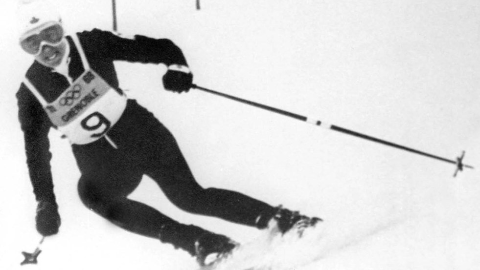 Nancy Greene competes in alpine skiing at the Grenoble 1968