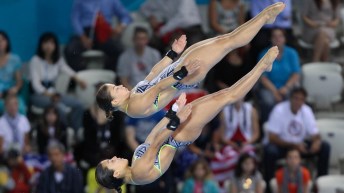 Roseline Filion and Meaghan Benfeito in midst of a dive