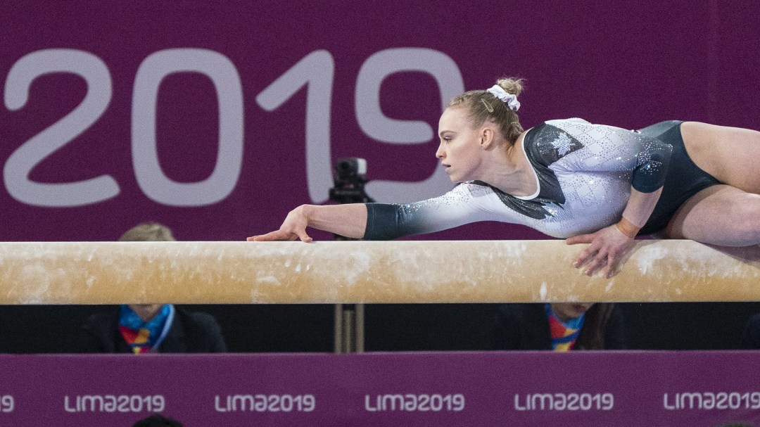 Ellie Black competes on beam at Lima 2019