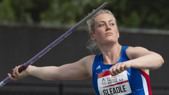 Liz Gleadle throws a javelin