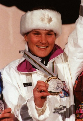 Kerrin Lee Gartner holds her gold medal on the podium