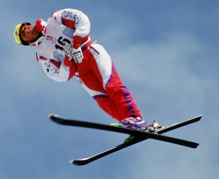 Canada's Nicolas Fontaine competing in the freestyle aerials ski event at the 1992 Albertville Olympic winter Games. (CP PHOTO/COC/Scott Grant)