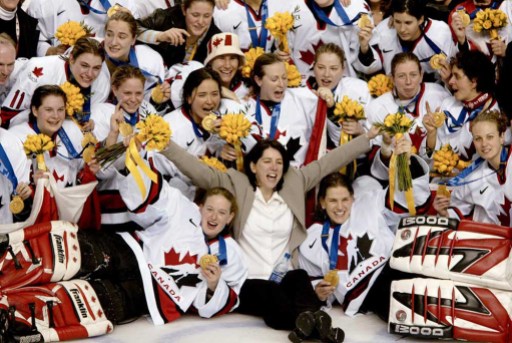 Women's Hockey 2002 Team Canada women post on ice after winning gold