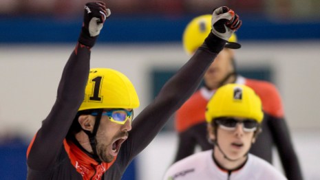 Charle Cournoyer, Charles Hamelin, Olivier Jean, Charles Hamelin celebrates.