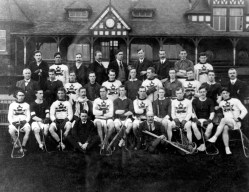 Black and white photo of Canada's 1908 Olympic lacrosse team posing