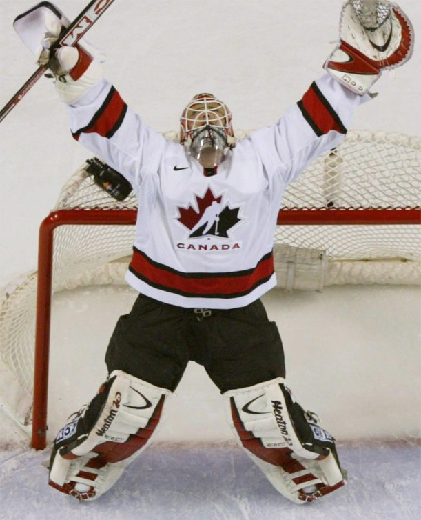 Martin Brodeur celebrates Canada's first Olympic gold medal in 50 years, Salt Lake City 2002. Sunday Feb 24, 2002