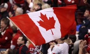 A Canadian flag waved by someone in the crowd.