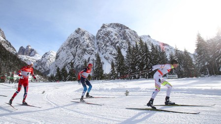 Harvey (leading) on his way to third place in Stage 5 of Tour de Ski 2013-14.