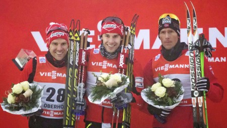 Canadians Harvey (centre) and Kershaw (left) finish 1-2 in the opening stage of 2013-14 Tour de Ski.