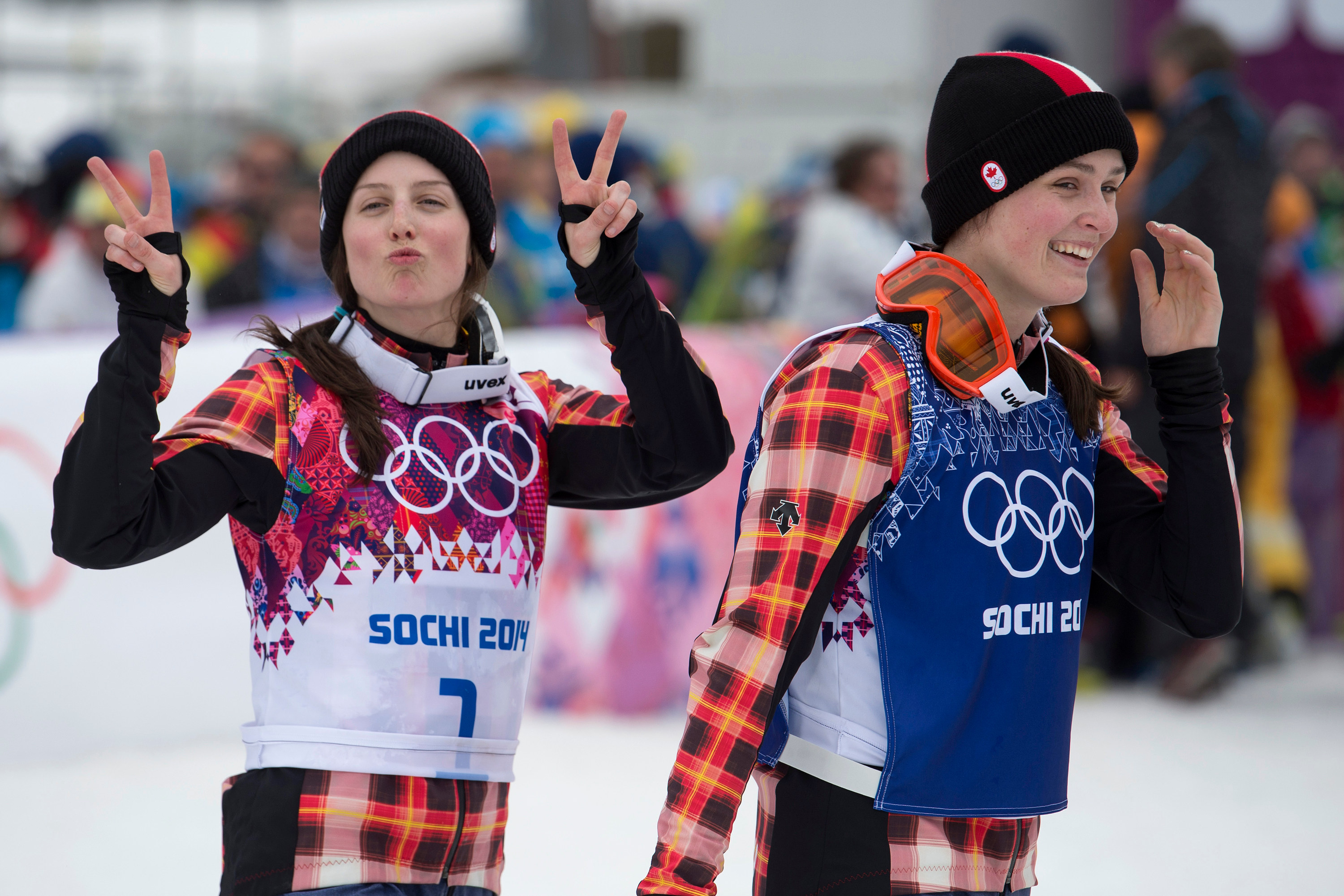 Kelsey Serwa and Marielle Thompson celebrating