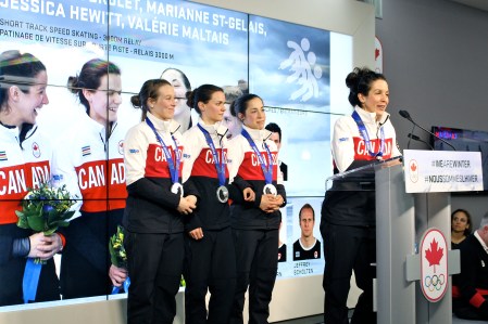 Marianne St-Gelais, Jessica Hewitt, Valérie Maltais and Marie-Ève Drolet during the medal celebration