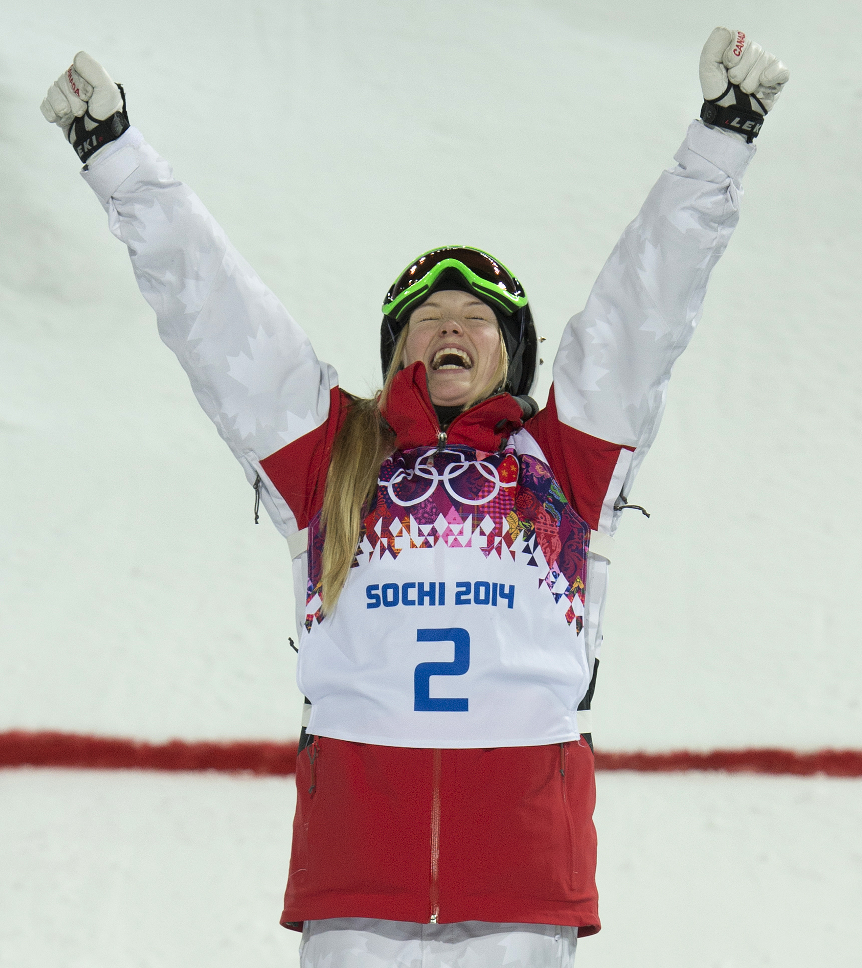 Justine Dufour-Lapointe celebrates her gold medal win