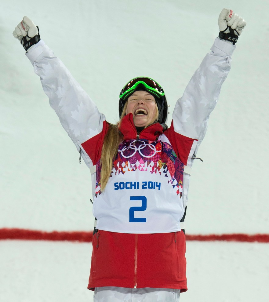 Justine Dufour-Lapointe celebrates her gold medal win