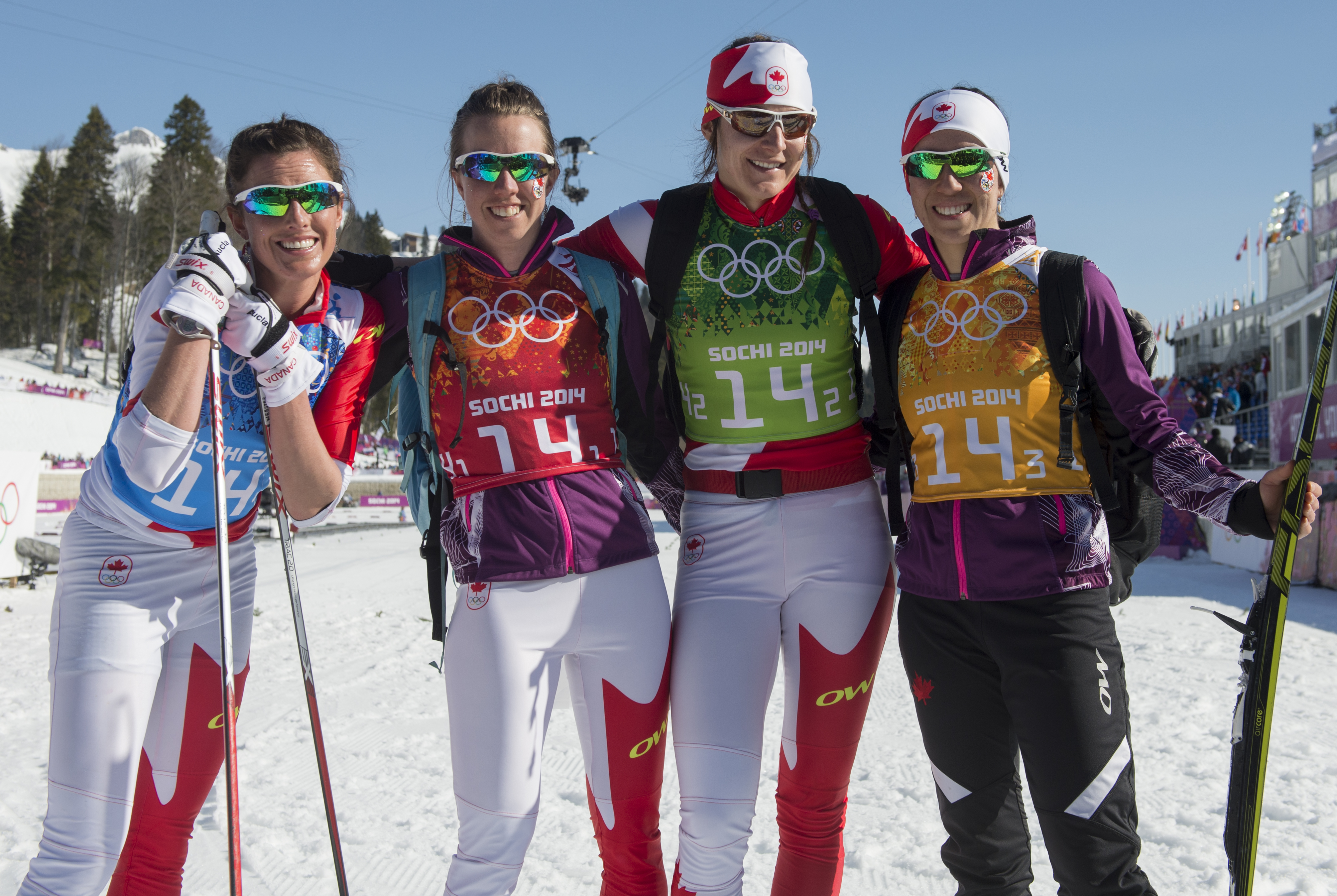 Perianne Jones, Daria Gaiazova, Emily Nishikawa and Brittany Webster pause for a photo at the finish line