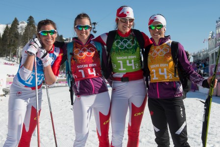 Perianne Jones, Daria Gaiazova, Emily Nishikawa and Brittany Webster pause for a photo at the finish line