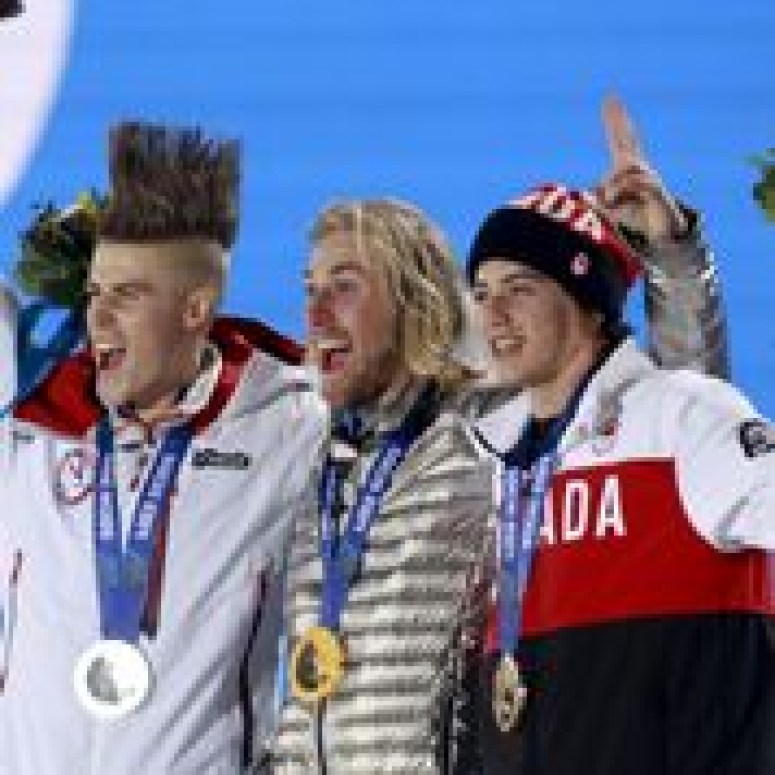 Mark McMorris on the podium with the two other medallists
