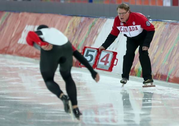 Denny Morrison of Fort. St. John, B.C. skates to the medal in long track speed skating at the Sochi Winter Olympics