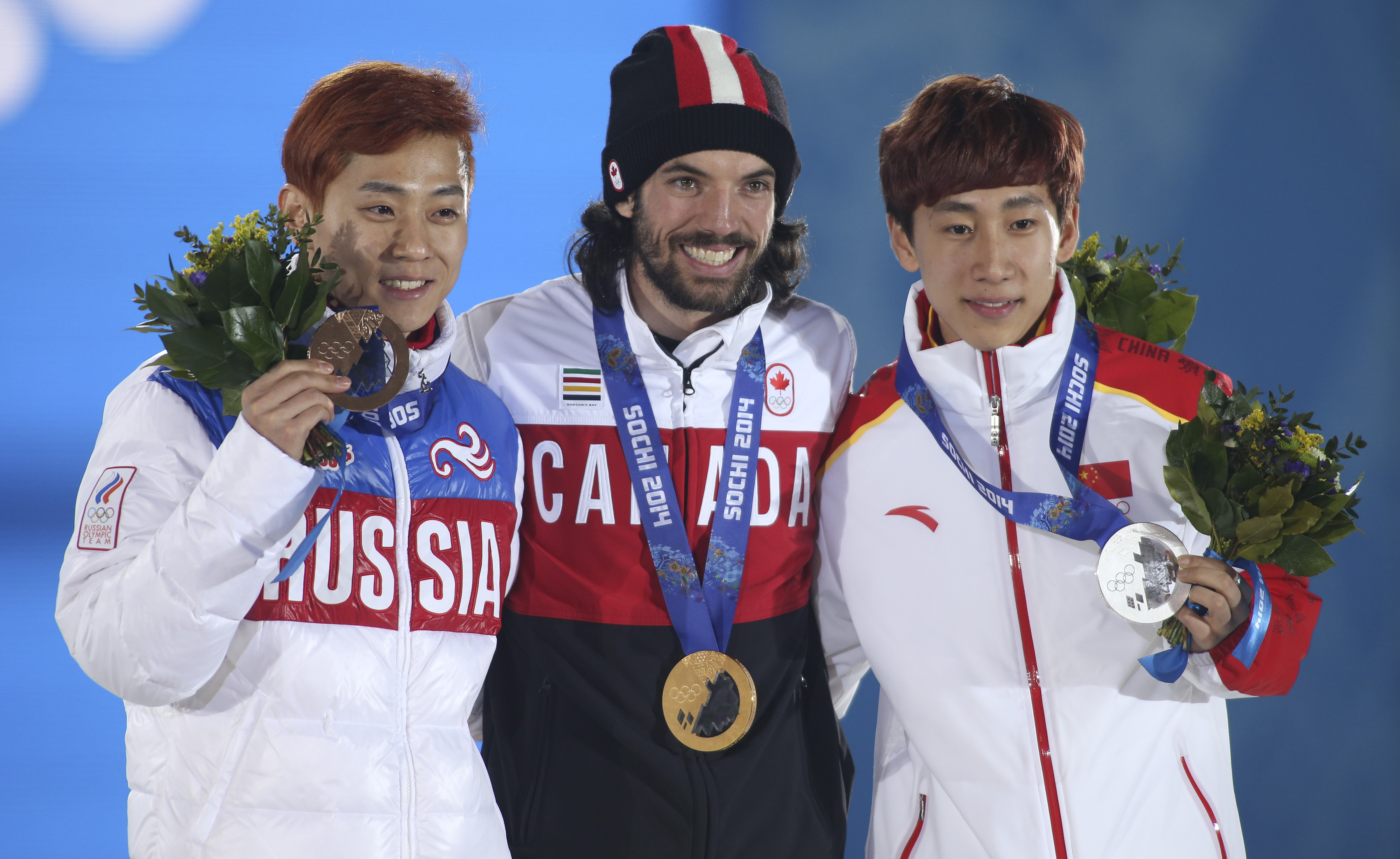 Charles Hamelin during his 1500m victory ceremony.