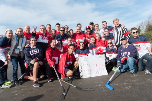 Canada vs. USA Ball Hockey teams pose for a picture