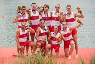 Back row from left to right: Douglas Csima; Conlin McCabe; Malcome Howard; Andrew Byrnes and Jeremiah Brown. Front row: Gabriel Bergen; Rob Gibson; Brian Price and Will Crothers. Canada's men's eight rowing team members hold their silver medals following their win at the 2012 London Olympics, on August 1, 2012. Back row from left to right: Douglas Csima; Conlin McCabe; Malcome Howard; Andrew Byrnes and Jeremiah Brown. Front row: Gabriel Bergen; Rob Gibson; Brian Price and Will Crothers. THE CANADIAN PRESS/HO, COC - Jason Ransom