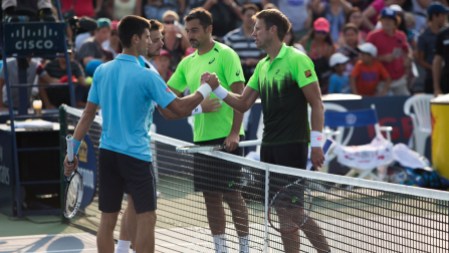 Daniel Nestor - Rogers Cup 2014 Nestor & Zimonjic beat Djokovic and Wawrenka 6-4, 6-4 at Rogers Cup (photo: William Loo)