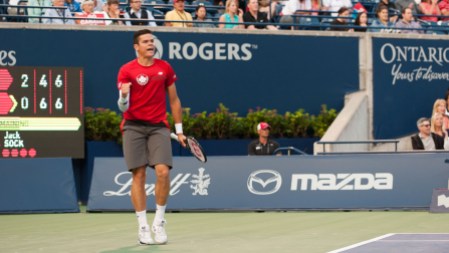 Milos Raonic - Rogers Cup 2014 After dropping the opening set, Raonic fought back to win the second set 7-2 on a tiebreaker. (Photo: Janet Kwan)