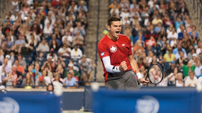Milos Raonic - Rogers Cup 2014 Raonic after hitting his winning shot, will next face Frenchman Julien Benneteau in the third round. (Photo: Janet Kwan)