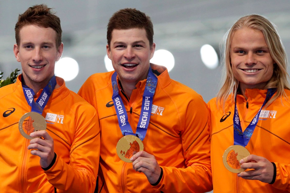 From left, Jan Blokhuijsen, Koen Verweij and Sven Kramer, Sochi gold medallists in the men's team pursuit. Netherlands are 13th-ranked for gender equality and won 13 men's medals in speed skating alone. 
