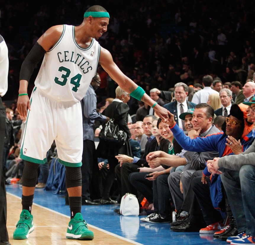 Paul Pierce shakes hands with Spike during a game. Photo: CP
