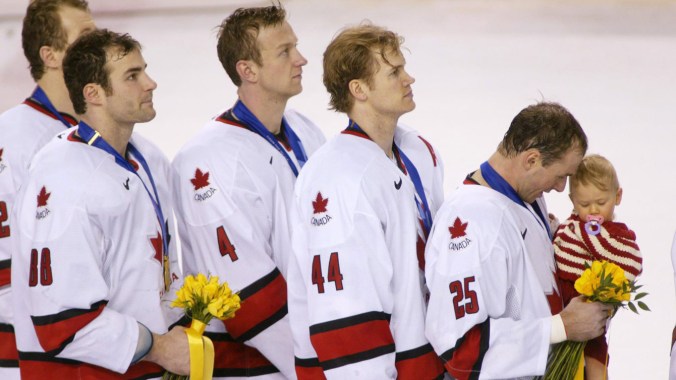 Rob Blake Rob Blake (no. 4) lines up for the Canadian national anthem with teammates following Canada's 5-2 golden win over the United States at Salt Lake City 2002.
