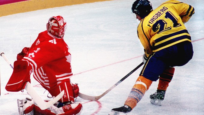 Before he became an NHL superstar, Peter Forsberg of Sweden became an Olympic champion, seen here in 1994 as Sweden beat Canada 3-2 in a gold medal shootout.