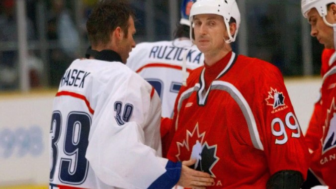 Dominik Hasek consoles Canadian legend Wayne Gretzky after the 1998 Olympic semifinal triumph over Canada. Hasek and the Czechs would go on to win gold and later a bronze in 2006.