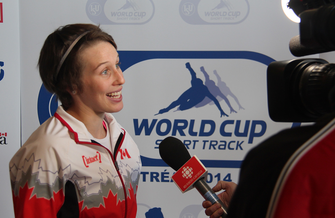Marianne St-Gelais speaks to media on Wednesday ahead of World Cup #2 in Montreal. 