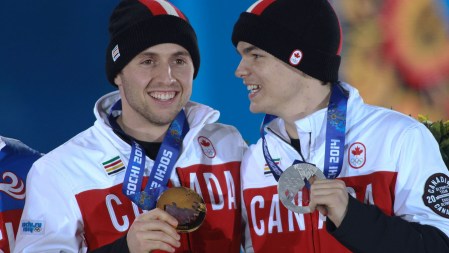 Alex Bilodeau and Mikael Kingsbury share a laugh at the Sochi 2014 medal presentation.