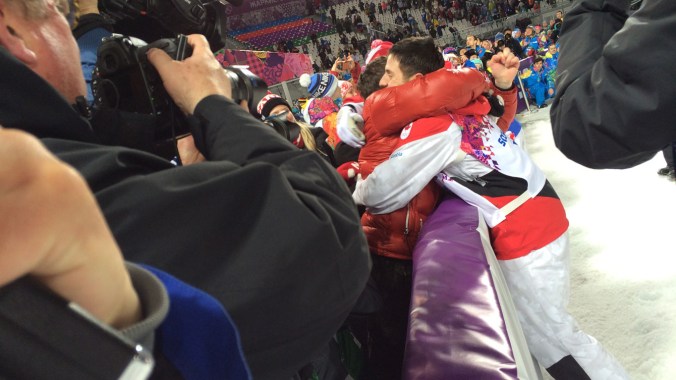 Alex ran over to embrace his brother Frédéric Bilodeau following his Olympic victory in Sochi.