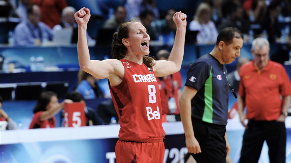 Kim Gaucher celebrates a Canadian win at the World Championship (photo: FIBA). 