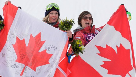 Howell and Lamarre celebrate at Rosa Khutor Extreme Park.